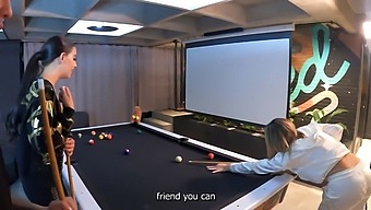 Three Individuals Of Diverse Sexual Orientation Engage In A Threesome With Two Stunning Latinas On A Pool Table